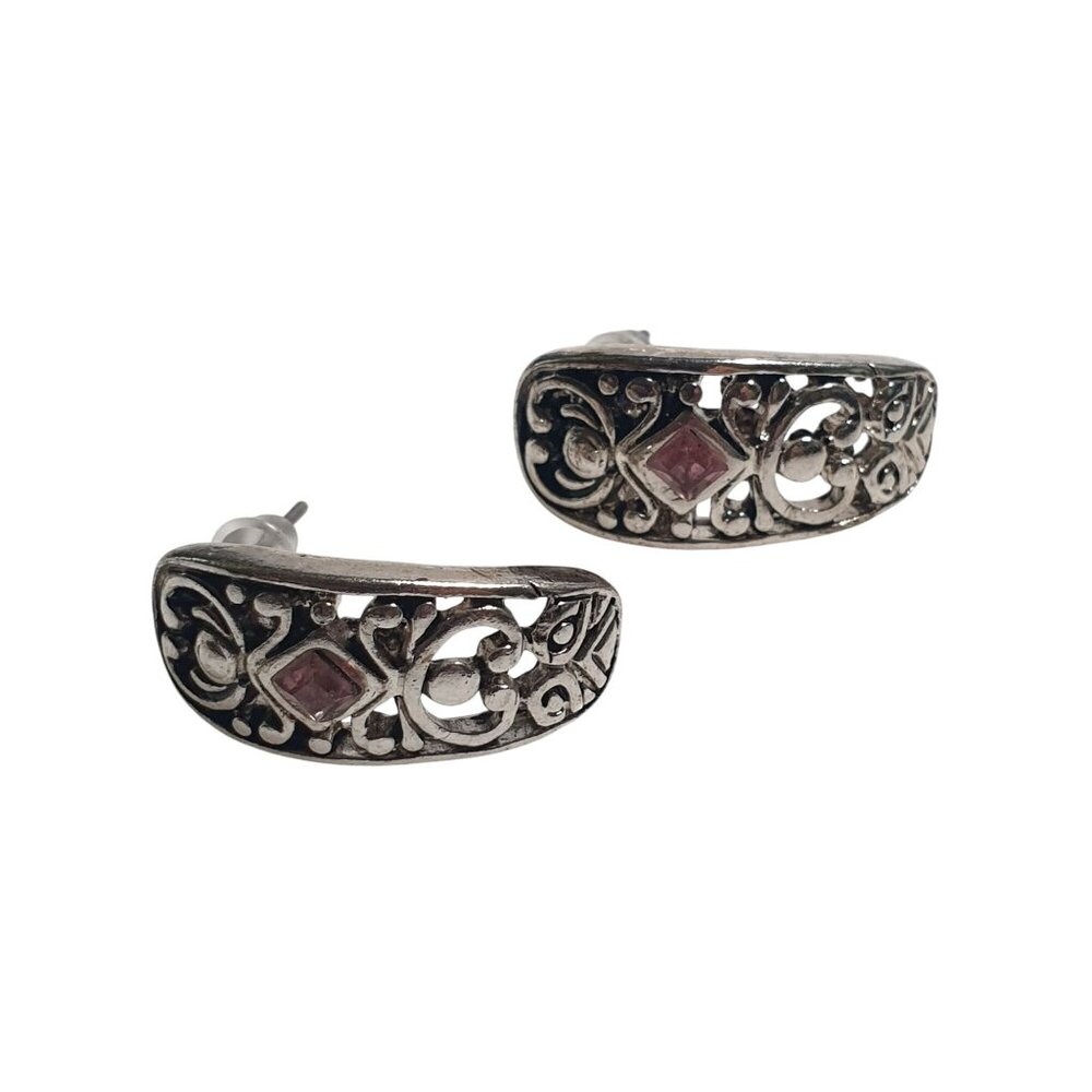 Silver Tone Pink Gemstone Filigree Post Earrings Elegant Jewelry Formal Gift
